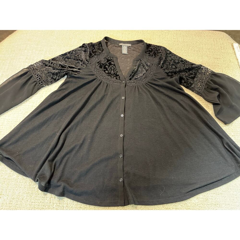 Chelsea & Theodore Black Velvet Burnout Boho Lace Bell Sleeve Tunic Top Medium